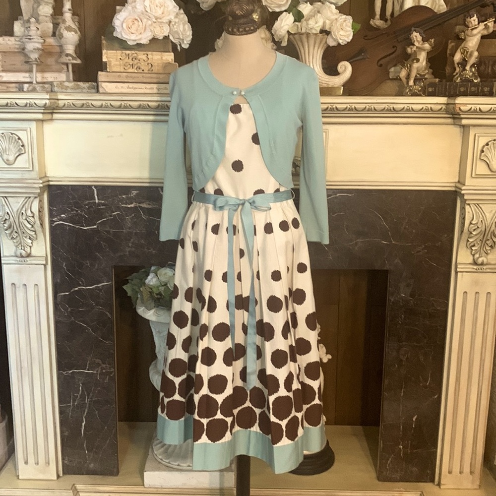 Willow Glenn polka dot full skirt midi dress with matching sweater & ribbon belt
